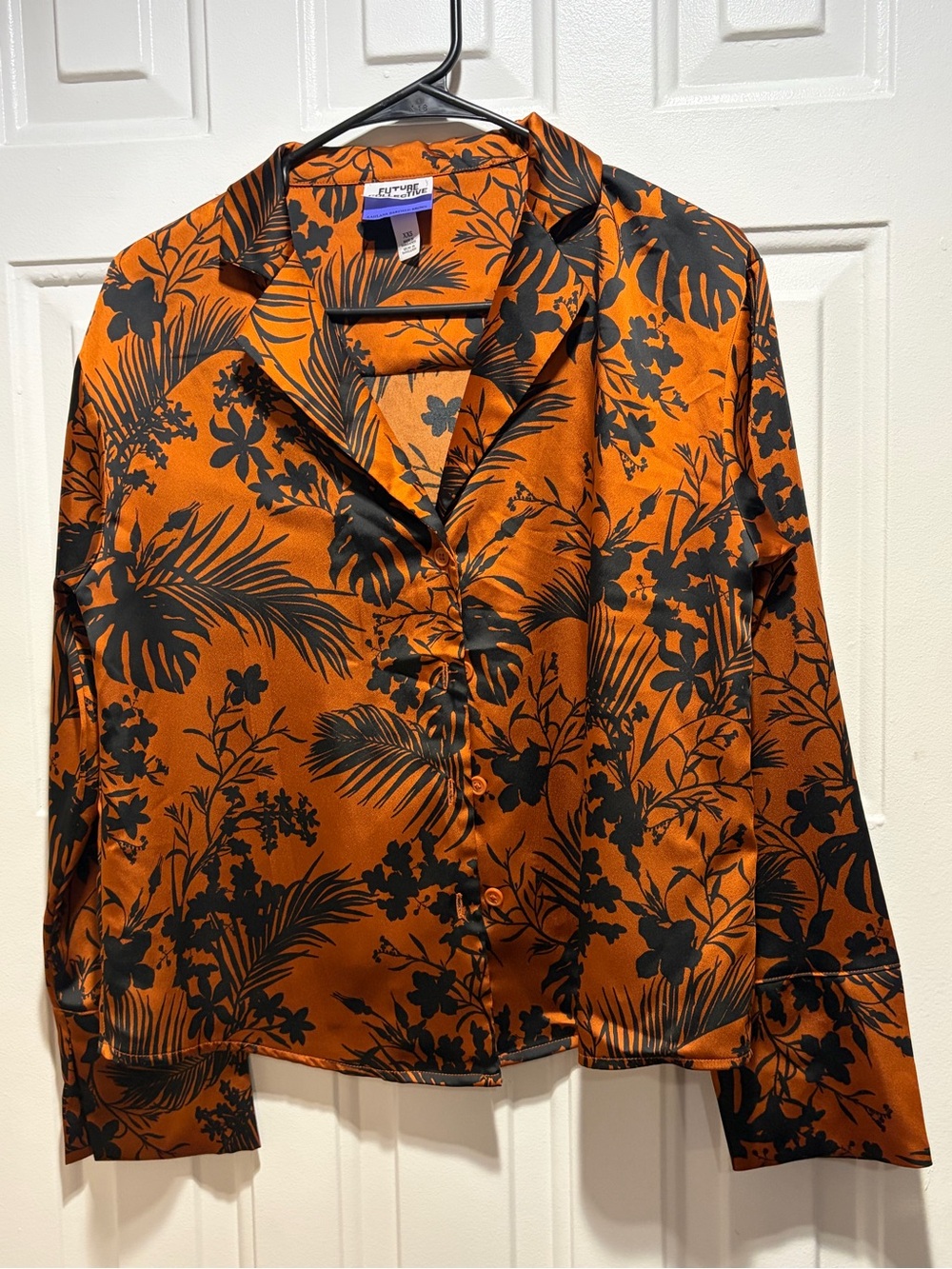 Effortless Elegance Satin Button-Front Blouse in Burnt Orange & Black